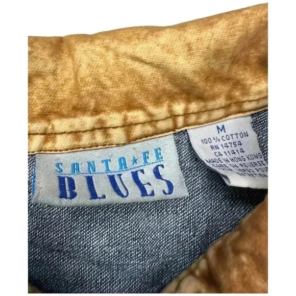 Vintage 90s Santa Fe Blues Retro Boho Denim Zip Up Shirt with Velvet Collar, M - Picture 6 of 7